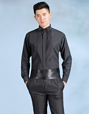 燕尾服衬衣男影楼男士扣领尖领纯色长袖演出衬衫大合唱加大码 黑色 42