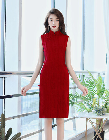 唐之语改良旗袍秋季女 中式民国风复古修身无袖棉麻旗袍连衣裙 红色 l