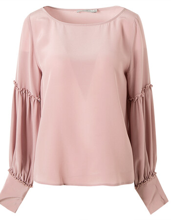 2018秋季新款真丝上衣纯色圆领落肩袖小木耳宽松大码小心机t恤女 藕色