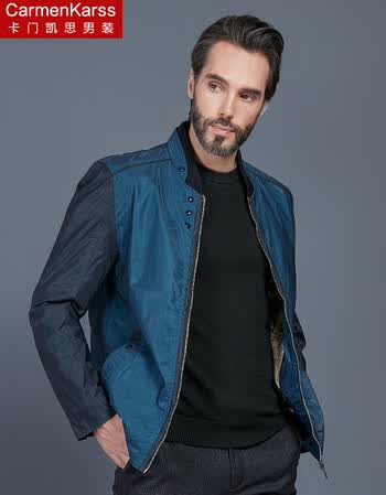 卡门凯思 秋季男装大码外套 立领外加肥加大夹克衫 蓝色 200(胸围132)