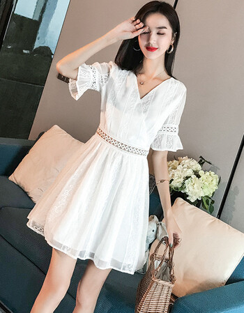 女装夏装2018新款喇叭袖v领白色雪纺连衣裙女夏显瘦仙女裙子 白色 xxl