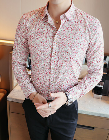 个性花纹衣服休闲韩版男士花衬衫长袖时尚碎花衬衣潮流发型师百搭 7号