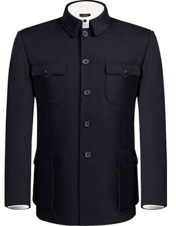 中山装男套装老年人中山服外套老人衣服爷爷爸爸装 明兜款黑色(套装)