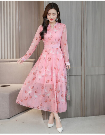 秋天连衣裙连衣裙女2018新款长袖长款韩版显瘦气质淑女印花雪纺大摆