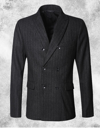 英伦风竖纹呢子西服 男士双排扣竖条纹西装外套f308sn2661 炭灰色