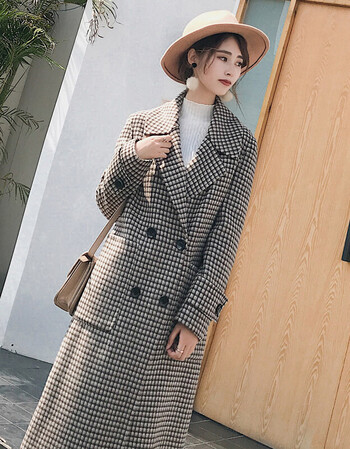 外套女2018秋冬新款超流行千鸟格双面羊绒长款格子呢大衣女 黄色格子