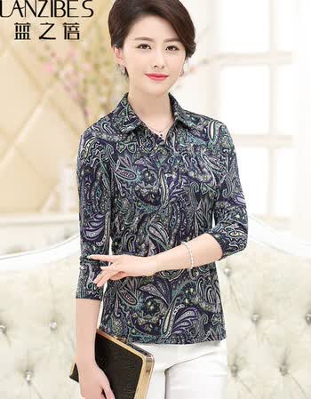 蓝之蓓中老年衬衫真丝上衣女七分袖桑蚕丝t恤印花大码妈妈装 526印花