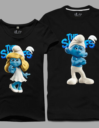 男装女装加肥加大码纯棉圆领短袖t恤情侣装情侣图案半袖蓝精灵1 黑色