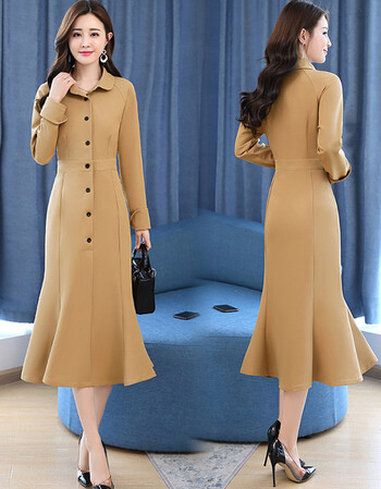 秋裙新款女士秋款连衣裙2018女长袖中长款女人味衣服气质秋季 卡其色