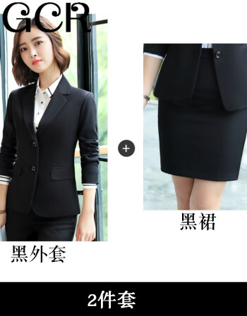 女時尚氣質小西服西裝工作服商務正裝女面試套裙sn4169 黑外套 黑裙子