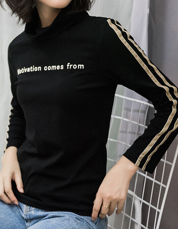 高领t恤打底衫女长袖修身2018秋冬新款韩版百搭字母外穿上衣体恤 黑色