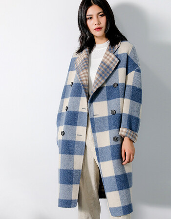 双面呢格子羊绒大衣女韩版修身2018秋冬中长款毛呢外套女尼 蓝格子