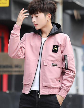 男士外套男2018新款连帽衣服秋季男装夹克 粉红色 2xl