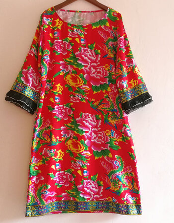 秋天连衣裙民族风东北大花春夏新款女中长款长袖宽松大码长裙连衣裙