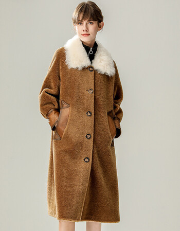 新款冬海宁皮草外套女中长款真皮颗粒绒皮毛一体羊剪绒大衣女 咖啡棕