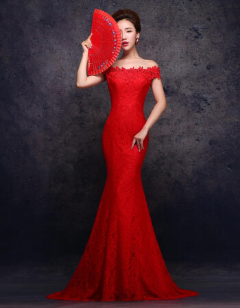 红色一字肩鱼尾婚纱礼服春夏新娘结婚敬酒服蕾丝修身拖尾 宝蓝色齐地