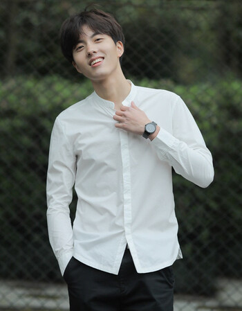 薄款纯棉立领衬衫男长袖韩版修身寸衫圆领衬衣帅气休闲白衬衫 白色