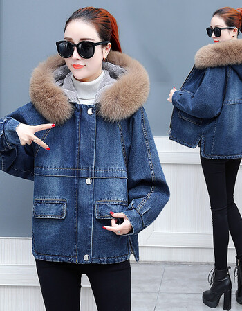 新品上新 时尚牛仔棉服女2018韩版新款秋冬狐狸毛领加厚保暖外套牛仔
