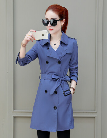 风衣女中长款韩版春季新款chic复古原宿宽松翻领港风春秋外套 蓝色 l