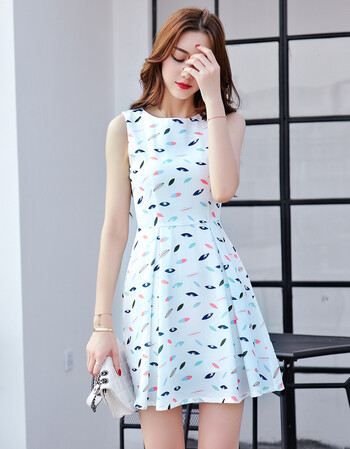 夏季新款无袖碎花连衣裙女 韩版简约印花圆领修身显瘦打底背心裙 白色