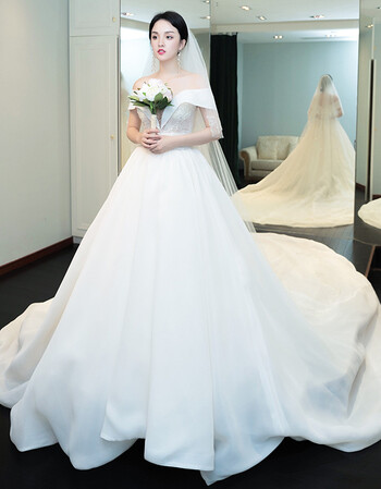 婚纱礼服2018新款新娘结婚一字肩拖尾韩式简约公主梦幻宫廷女 米色