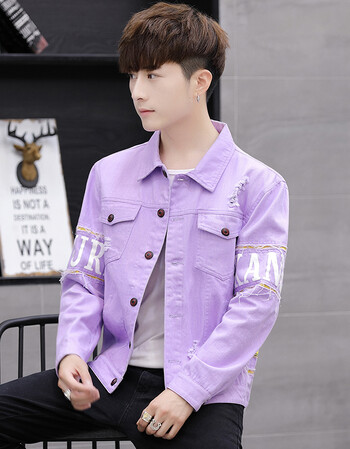 新款破洞牛仔外套男装韩版休闲帅气夹克男士修身外衣服潮流 201紫色