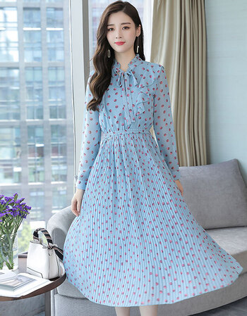 新】雪纺过膝连衣裙女208秋装新款韩版气质名媛长袖波点印花百褶裙子