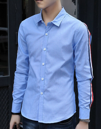 秋装男士长袖衬衫韩版修身白衬衫青少年男装春秋牛津纺棉衬衣 蓝色