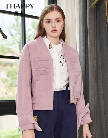 2018秋季新款女装粉色棒球领长袖收腰粉色毛呢短款外套夹克 茱萸粉 l