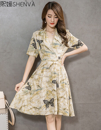 熙媛2016夏季新款女装修身显瘦印花中长款v领复古文艺棉麻连衣裙c61