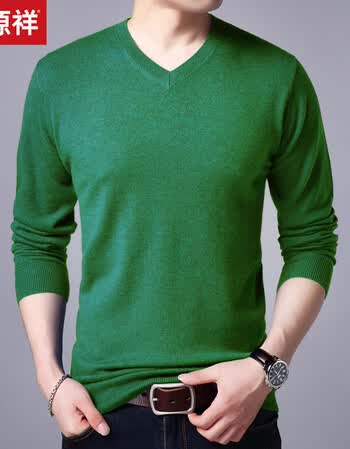 恒源祥v领羊毛衫男针织衫秋季薄款潮休闲纯羊毛打底衫百搭毛衣男 绿色