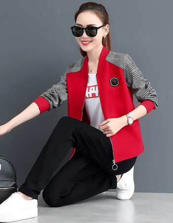 套装女春秋三件套新款2018大码时尚运动套装女韩版显瘦运动服 红色 l