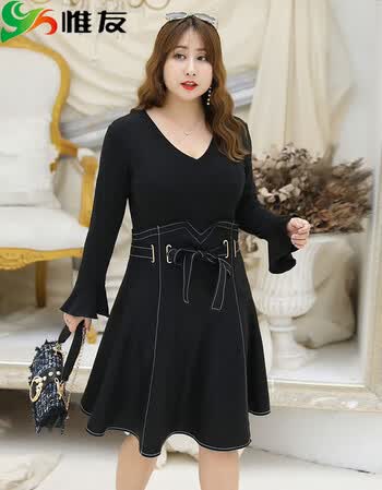 胖人女装显瘦款连衣裙大码女装胖mm假两件裙子 黑色 p1建议130-150斤