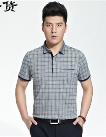 拾货夏季新款中年男士短袖t恤衫 中老年翻领宽松时尚短袖格子上衣