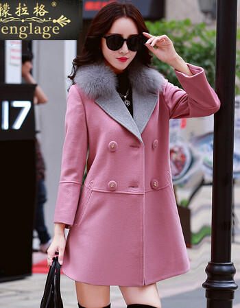 新款秋冬季毛呢外套女狐狸毛领韩版秋装修身小个子呢子大衣女 粉色 m