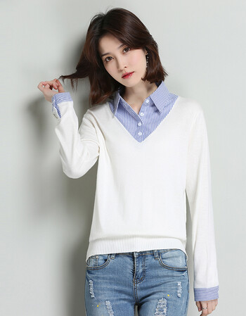 小翻领毛衣女套头宽松百搭有领针织衫假两件上衣女短款带领打底衫