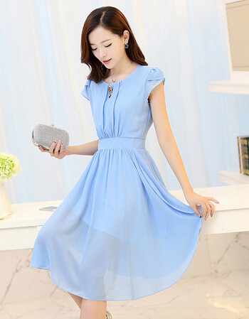 宾盛雪纺连衣裙2016夏裙显瘦无袖纯色中长裙韩版修身女裙 天蓝色 m