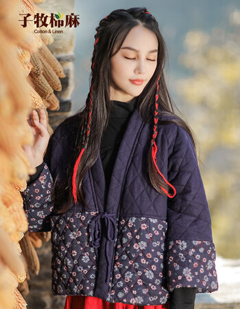 子牧棉麻 2018冬装新款 女民族风开衫棉衣撞色拼接大码披风式短款外套