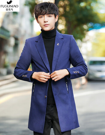 niao)2018新款冬装羊毛呢大衣男中长款呢子大衣加厚男士风衣外套 蓝色