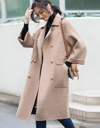 双面羊绒大衣女中长款2018新款秋冬流行格子赫本风毛呢外套女 千鸟格