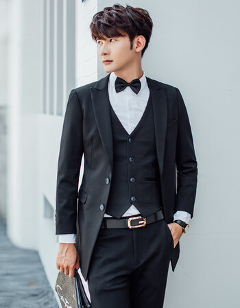 图苏良人 韩版复古修身中长款西服新郎西装男士西服三件套 黑色 46