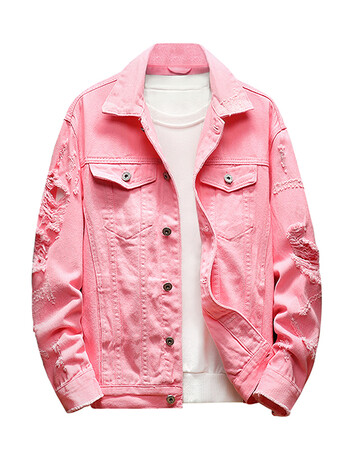 秋季粉色破洞牛仔外套男韩版修身帅气社会小伙夹克男精神学生褂子