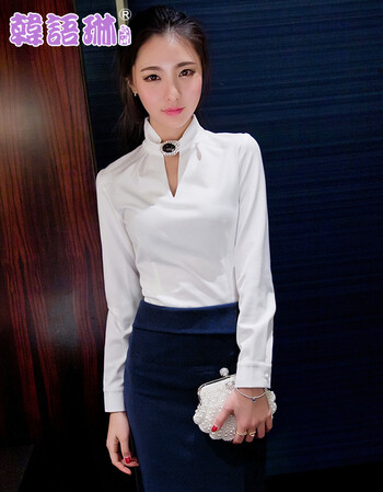 
                                        韩语琳空间春装女装性感镂空修身立领长袖打底衫 名媛公主上衣 白色 M                