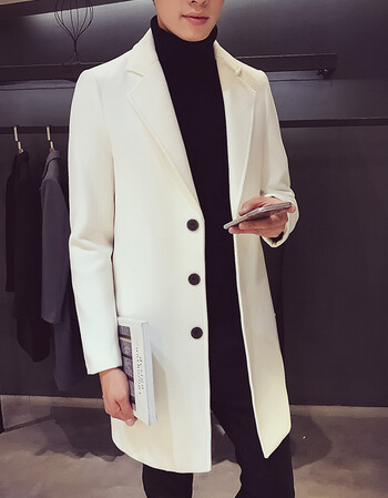 男士中长款风衣207秋冬季韩版修身型薄款妮子外套毛呢衣男装潮 白色 m