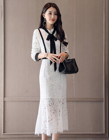 蕾丝连衣裙长袖女2018新款秋冬中长款加厚加绒打底包臀鱼尾裙子 白色