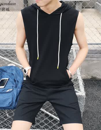 青少年短袖t恤男夏季男士一套裤子衣服韩版修身假两件运动套装潮 黑色