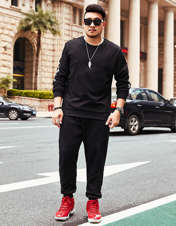 大码男装加肥加大一套衣服帅气休闲运动卫衣肥佬两件套装 黑衣黑裤