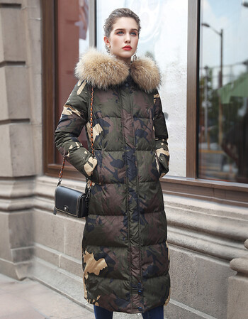 2018加厚大毛领修身超长款过膝迷彩羽绒服女中长款 花色 xxl