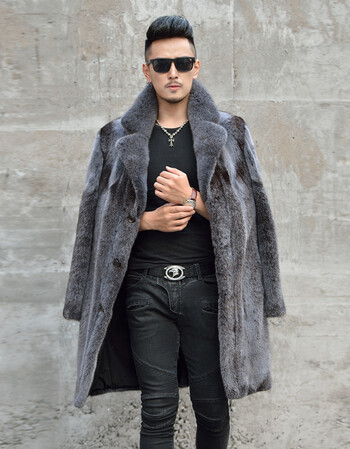 貂皮大衣男整貂美国进口水貂十字长款男士皮草外套整貂风衣男 十字霜