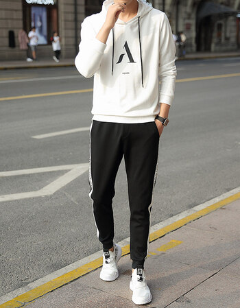 男三件套男士外套2018春秋服装韩版潮流连帽卫衣秋装 白衣 黑裤(1802)